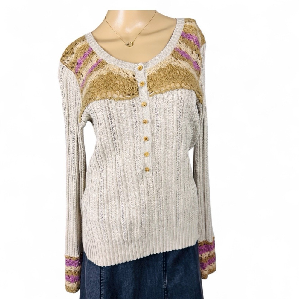 DKNY Women's Sz M Sweater Cotton w/ Mohair‎ Open Knit Accent Beige